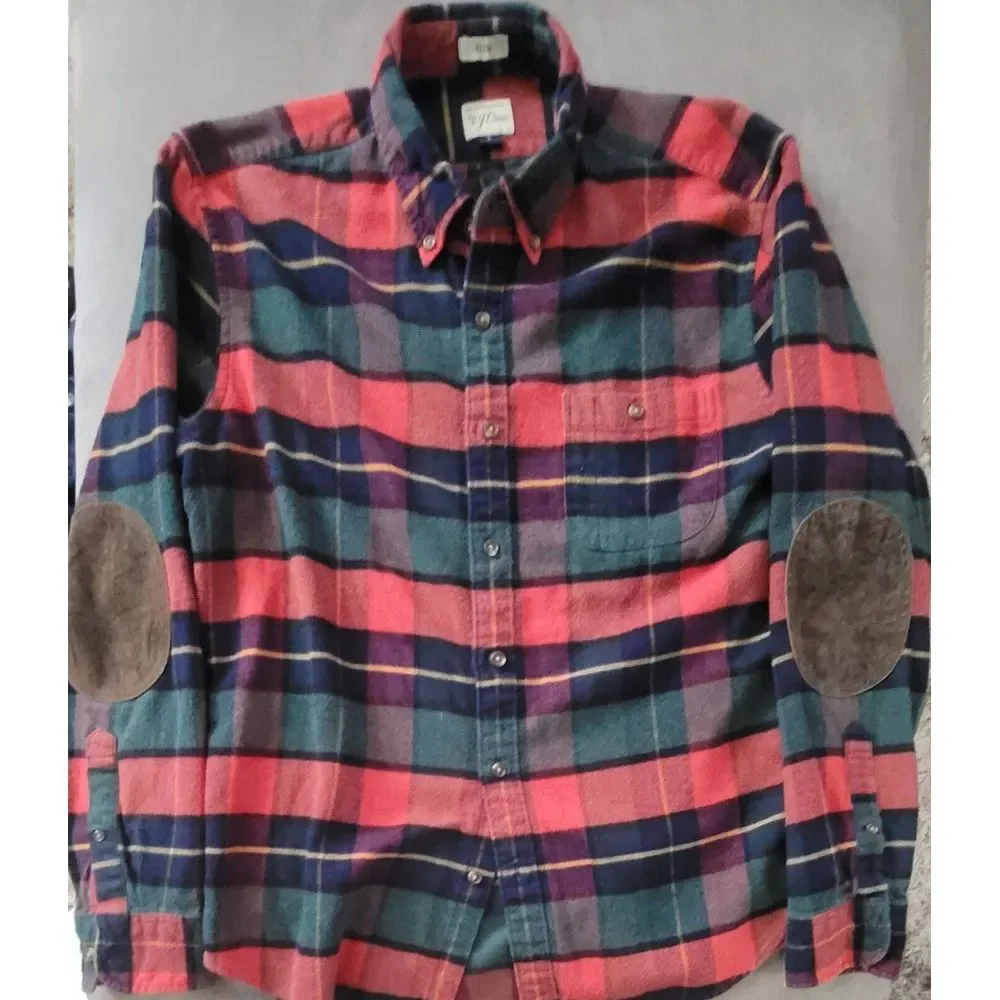 J. Crew Men's Red Green‎ Slim Fit Long Sleeve Flannel Button Up Shirt Size Large